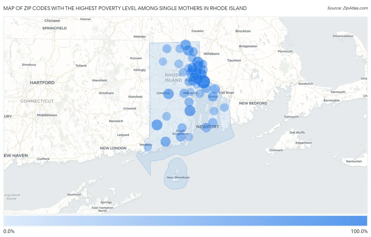 Zip Codes with the Highest Poverty Level Among Single Mothers in Rhode Island Map