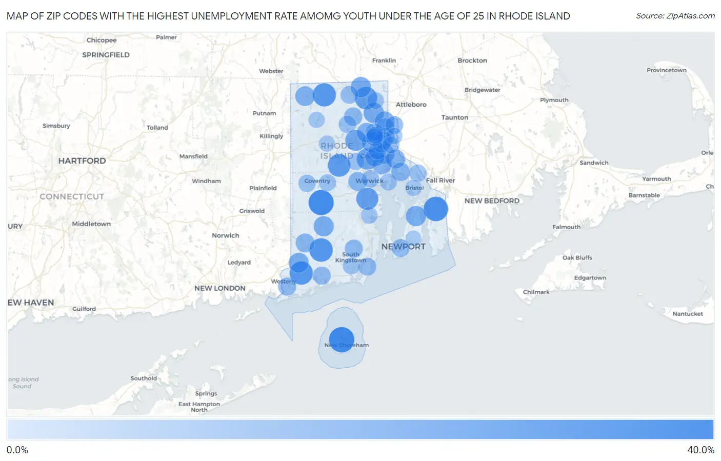 Zip Codes with the Highest Unemployment Rate Amomg Youth Under the Age of 25 in Rhode Island Map