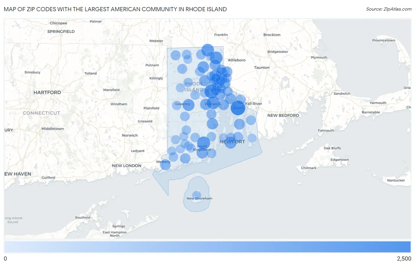 Zip Codes with the Largest American Community in Rhode Island Map
