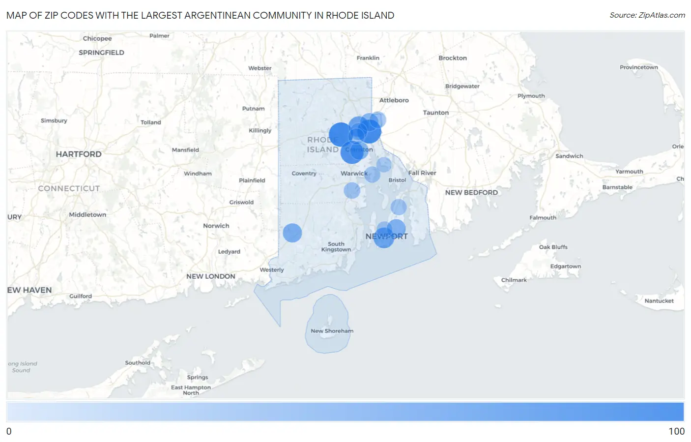 Zip Codes with the Largest Argentinean Community in Rhode Island Map