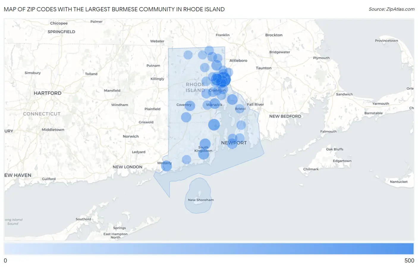 Zip Codes with the Largest Burmese Community in Rhode Island Map