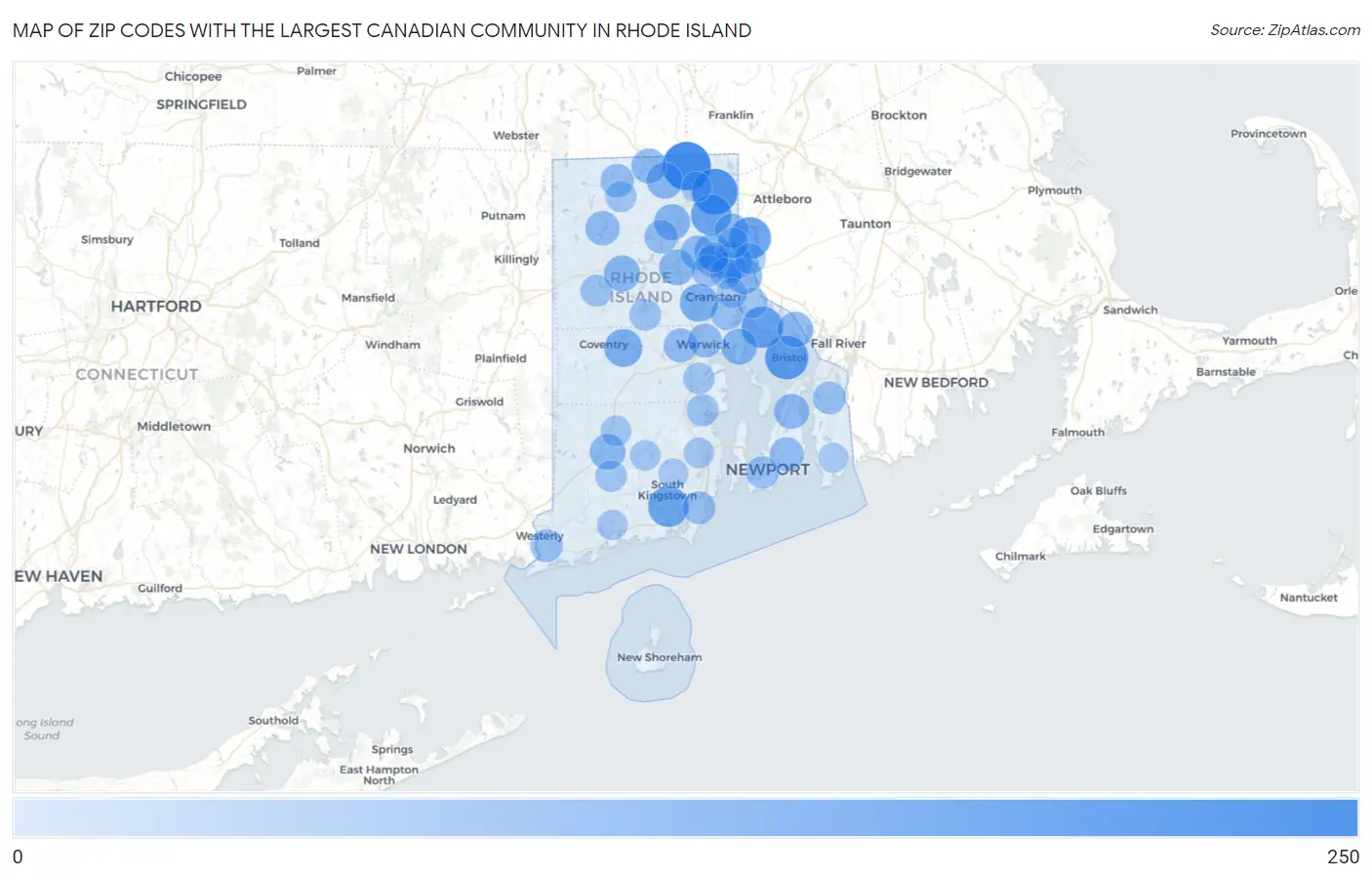 Zip Codes with the Largest Canadian Community in Rhode Island Map