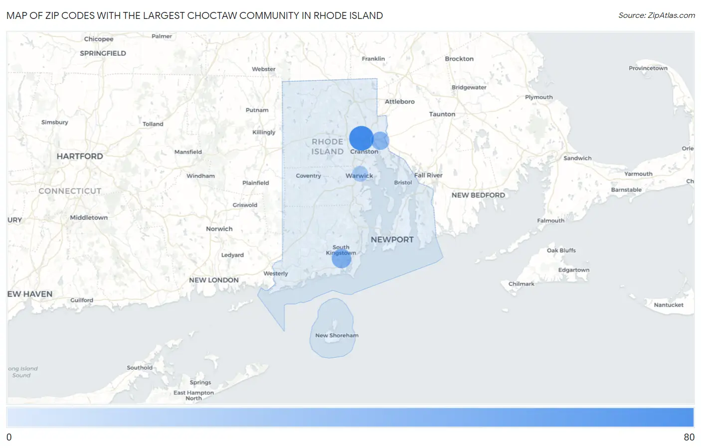 Zip Codes with the Largest Choctaw Community in Rhode Island Map