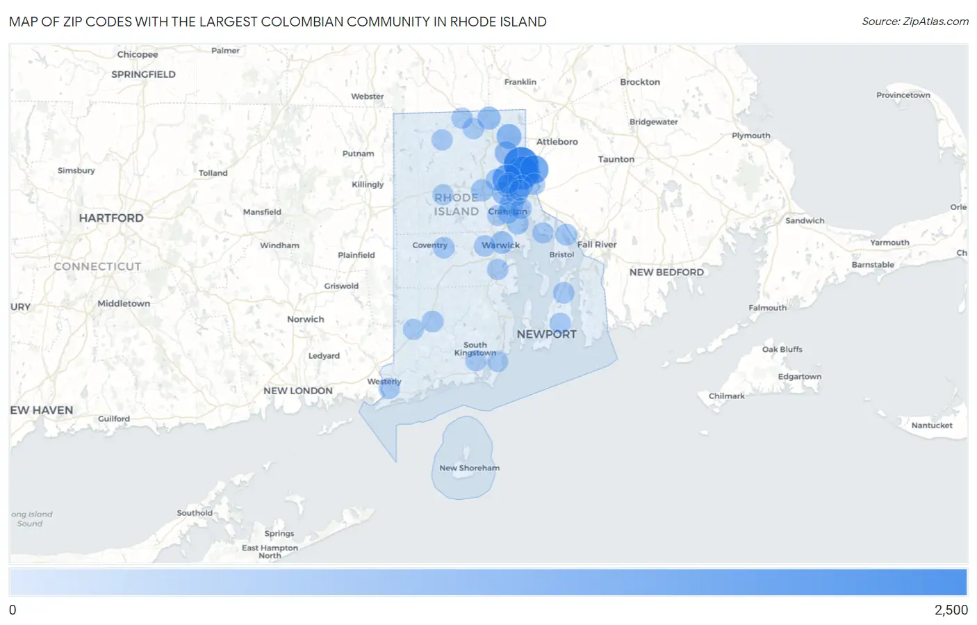 Zip Codes with the Largest Colombian Community in Rhode Island Map