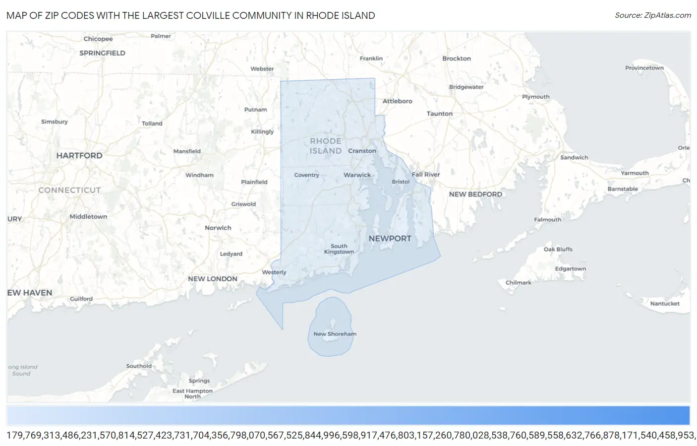 Zip Codes with the Largest Colville Community in Rhode Island Map