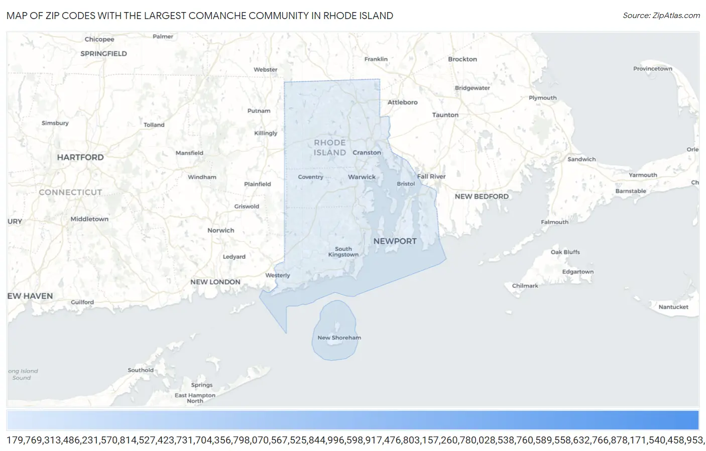 Zip Codes with the Largest Comanche Community in Rhode Island Map