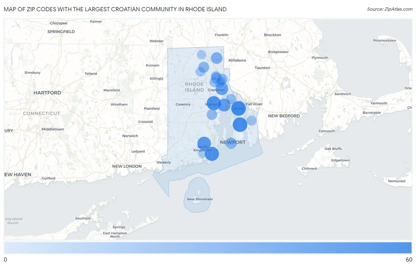 Zip Codes with the Largest Croatian Community in Rhode Island Map