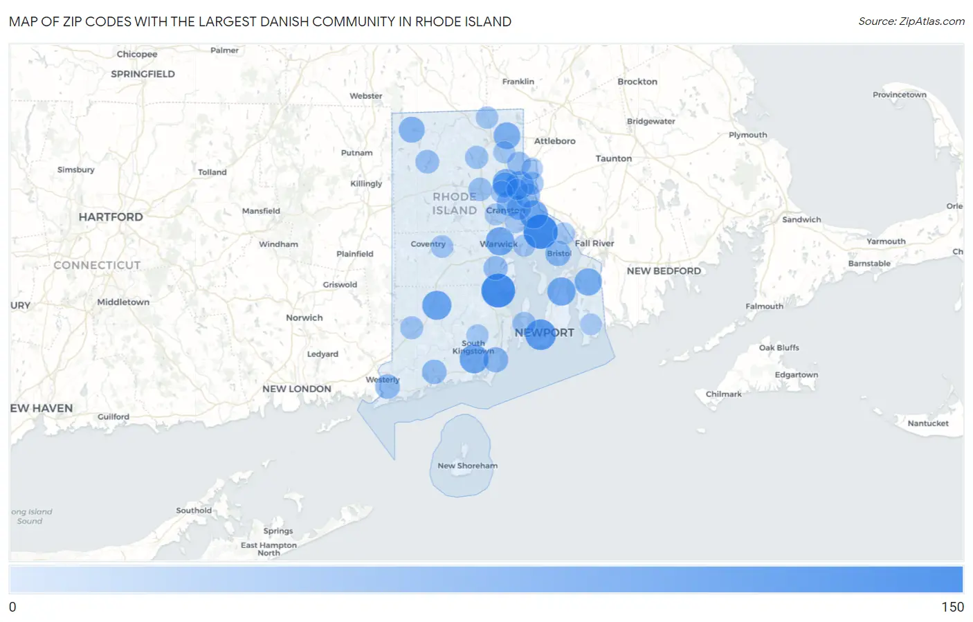 Zip Codes with the Largest Danish Community in Rhode Island Map