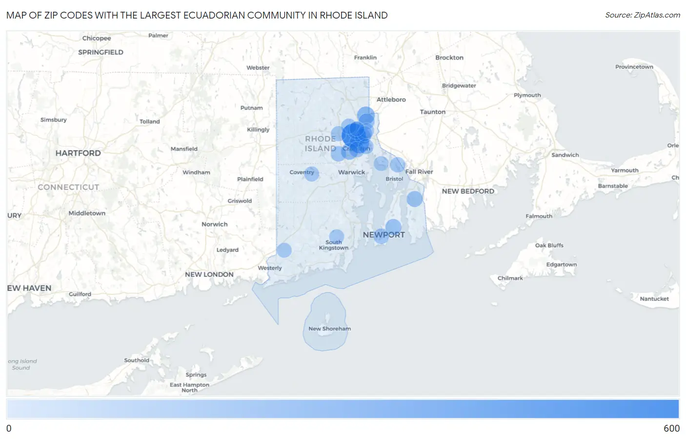 Zip Codes with the Largest Ecuadorian Community in Rhode Island Map