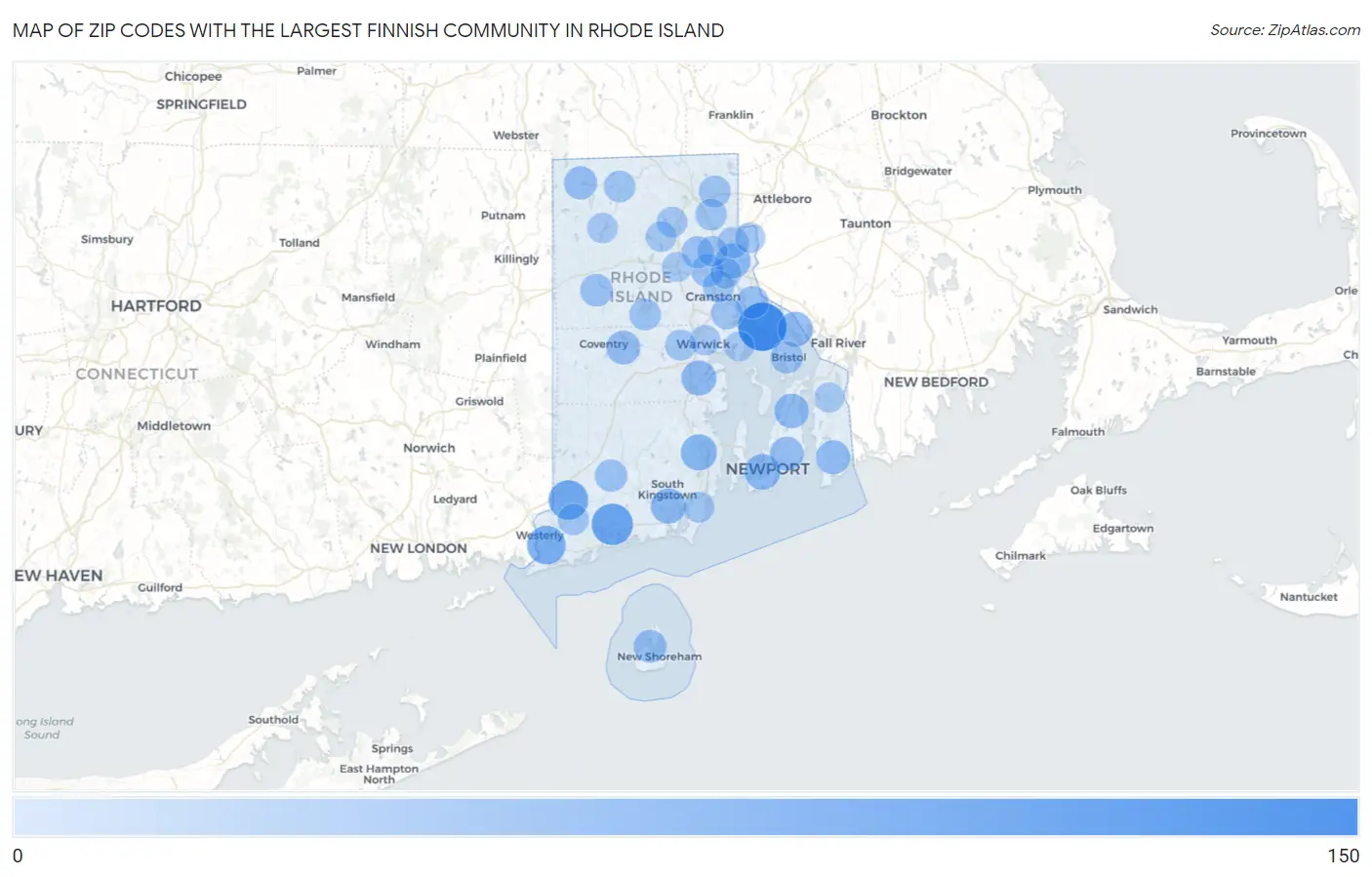 Zip Codes with the Largest Finnish Community in Rhode Island Map