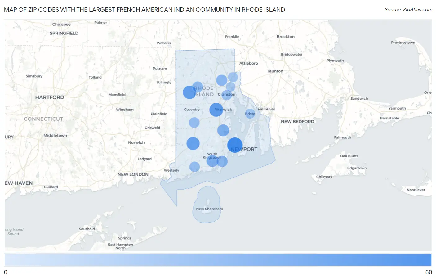 Zip Codes with the Largest French American Indian Community in Rhode Island Map