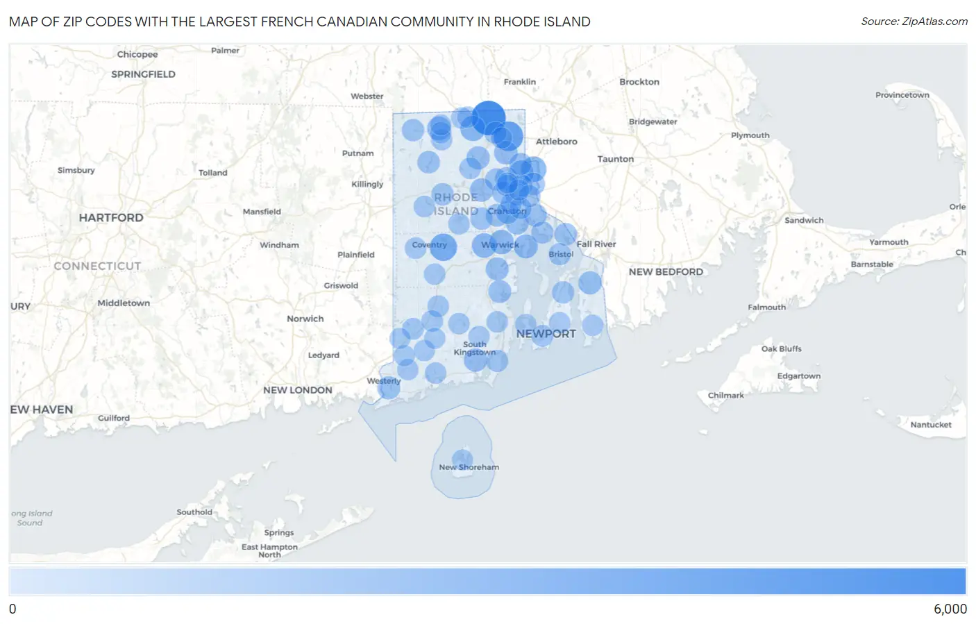 Zip Codes with the Largest French Canadian Community in Rhode Island Map