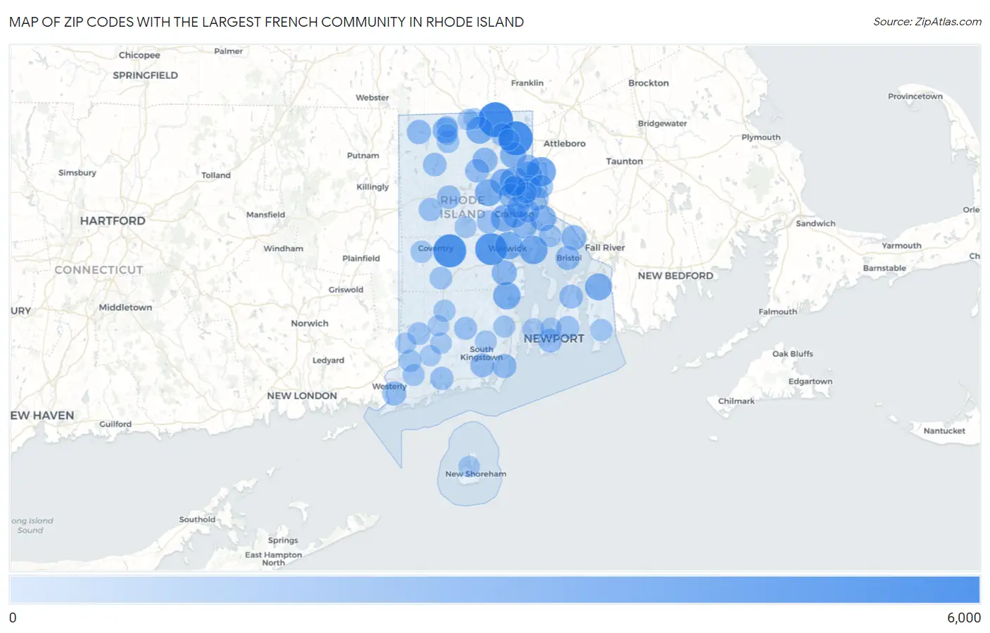 Zip Codes with the Largest French Community in Rhode Island Map