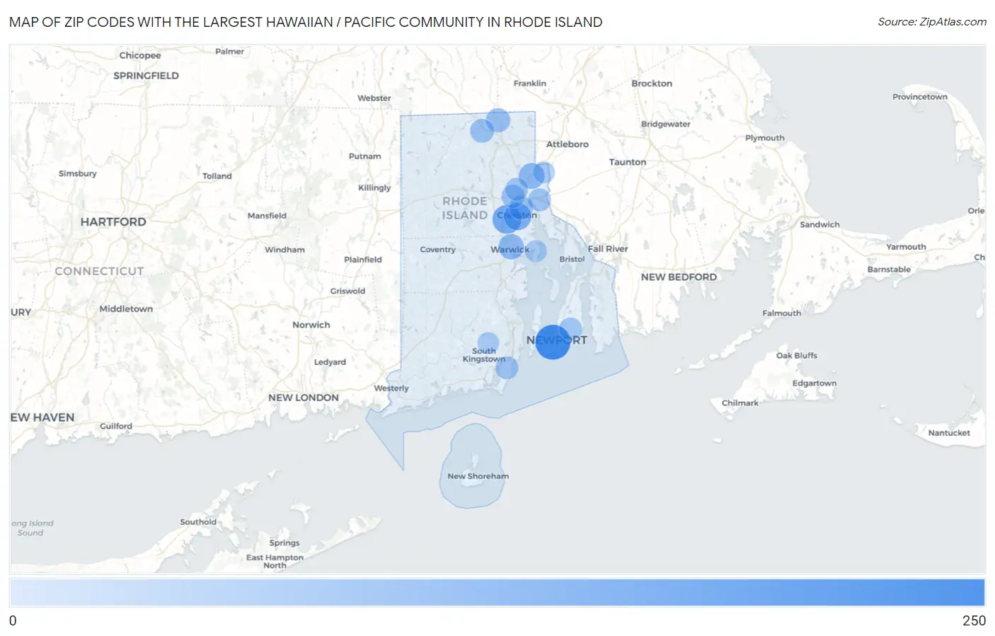 Zip Codes with the Largest Hawaiian / Pacific Community in Rhode Island Map
