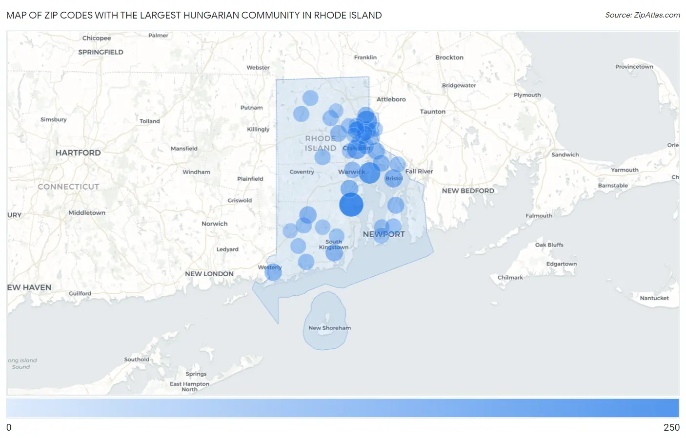 Zip Codes with the Largest Hungarian Community in Rhode Island Map
