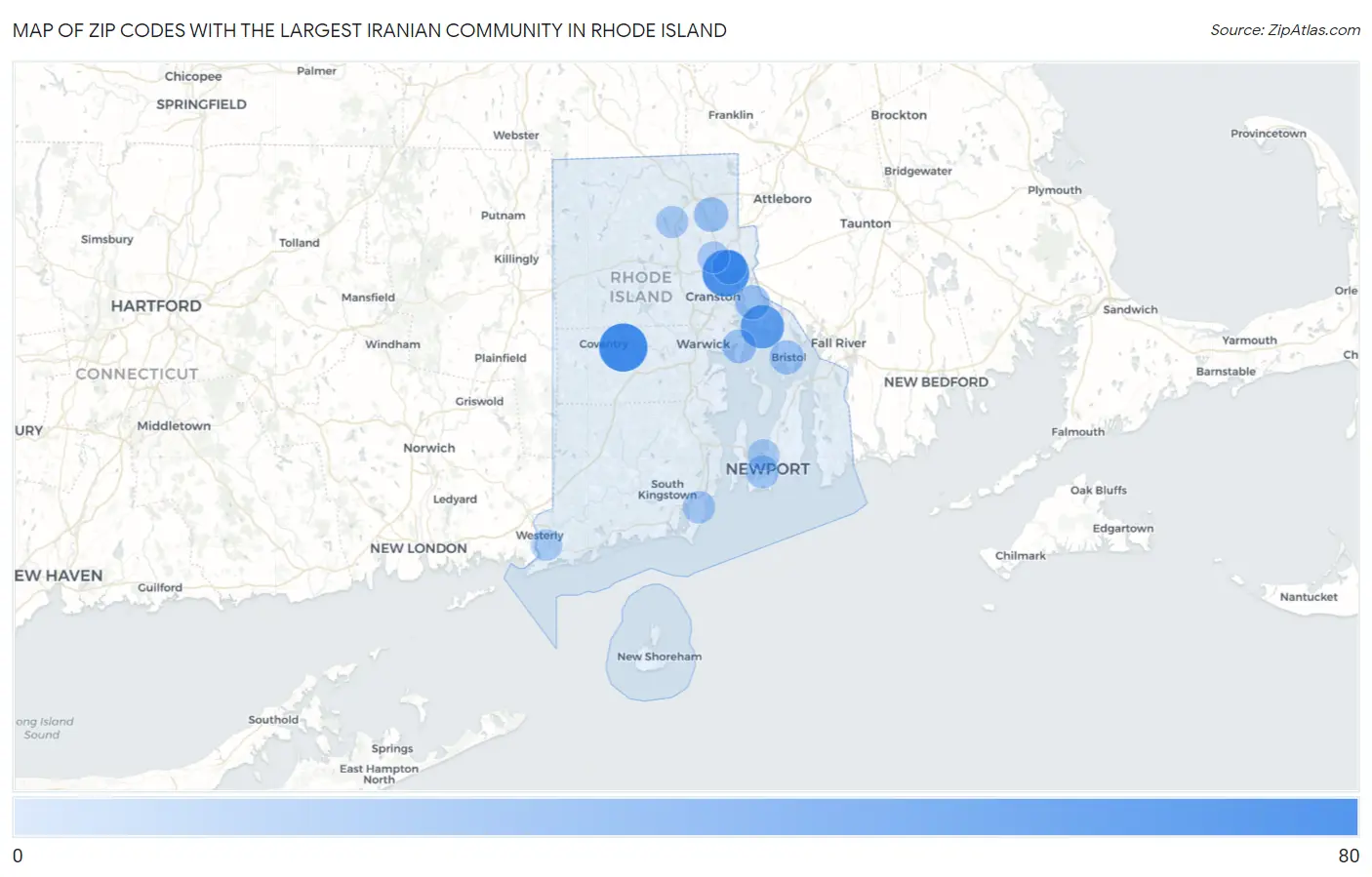 Zip Codes with the Largest Iranian Community in Rhode Island Map