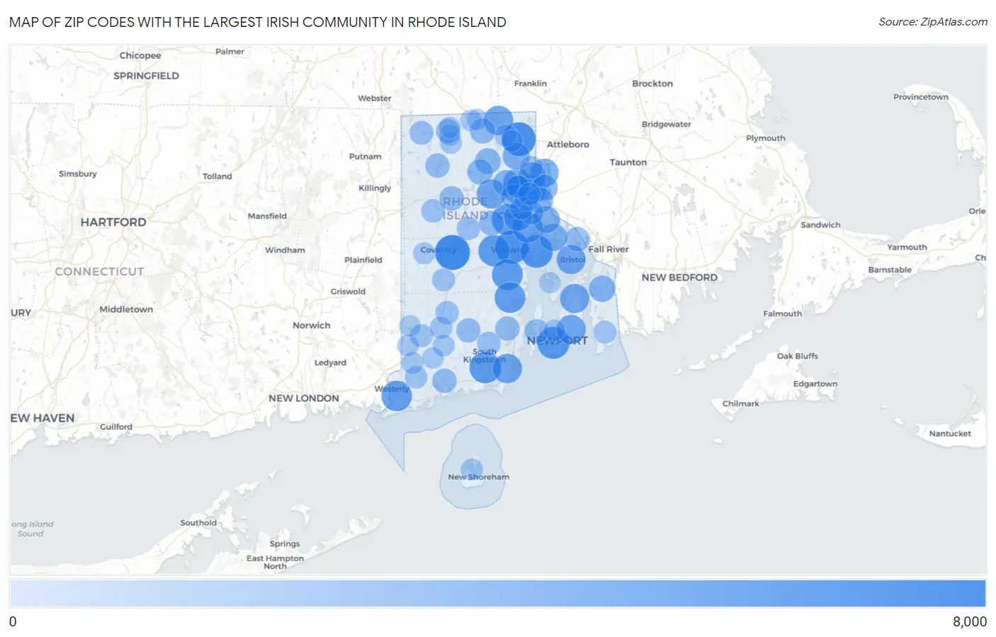 Zip Codes with the Largest Irish Community in Rhode Island Map