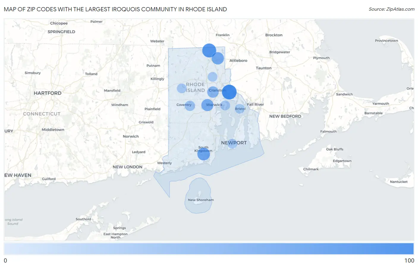 Zip Codes with the Largest Iroquois Community in Rhode Island Map