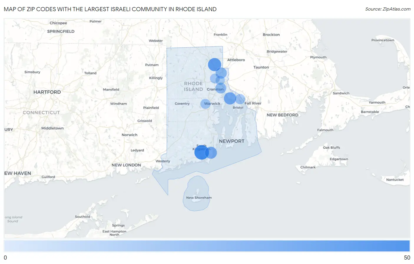 Zip Codes with the Largest Israeli Community in Rhode Island Map