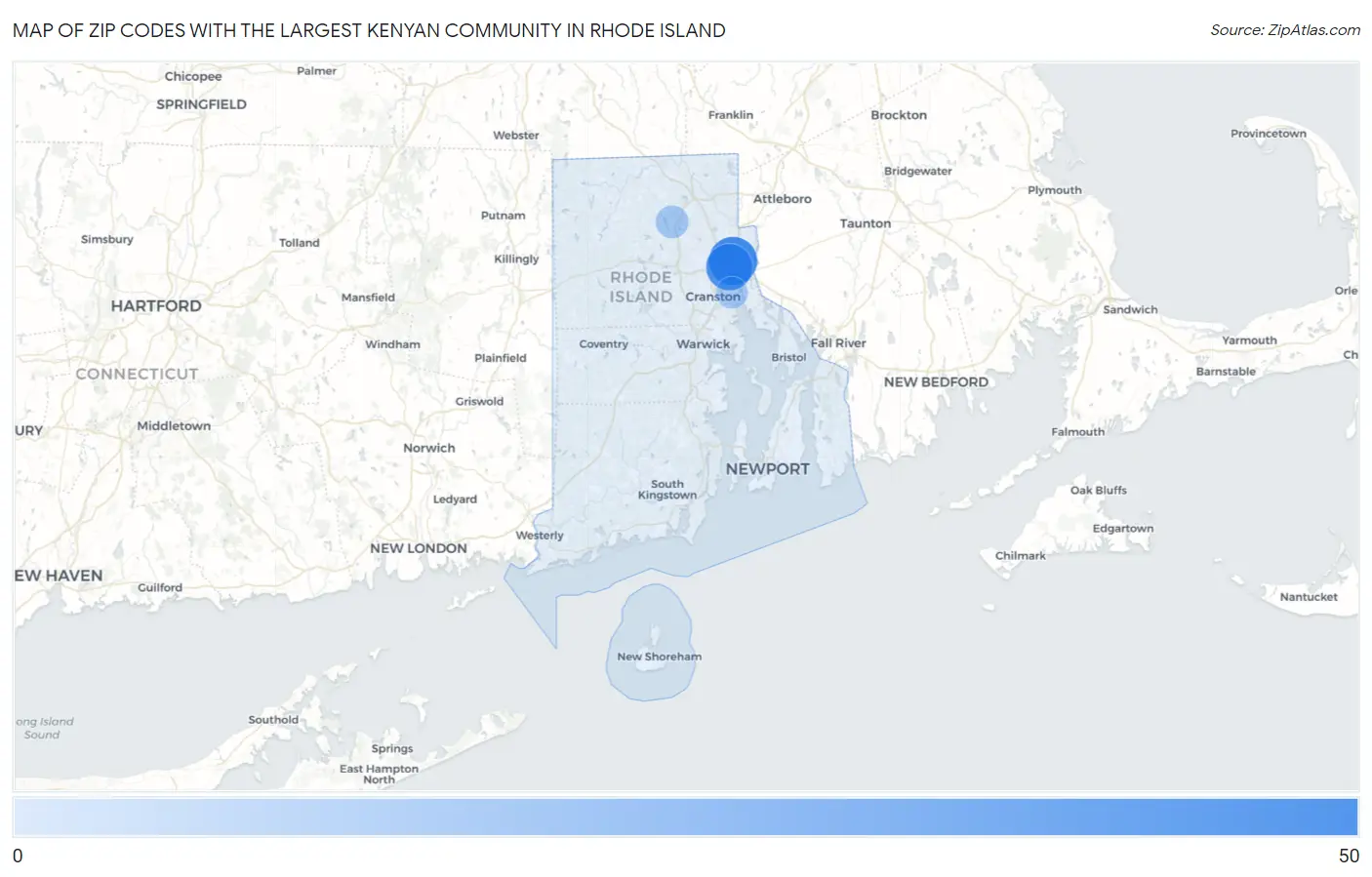 Zip Codes with the Largest Kenyan Community in Rhode Island Map