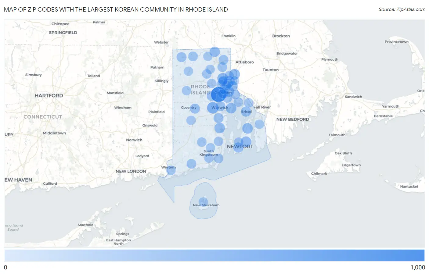 Zip Codes with the Largest Korean Community in Rhode Island Map