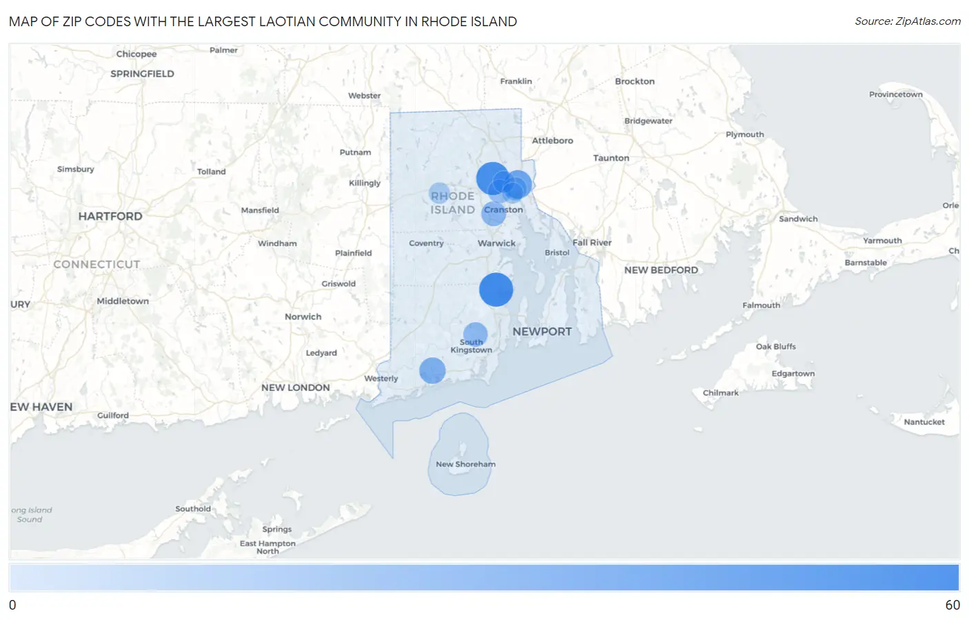 Zip Codes with the Largest Laotian Community in Rhode Island Map