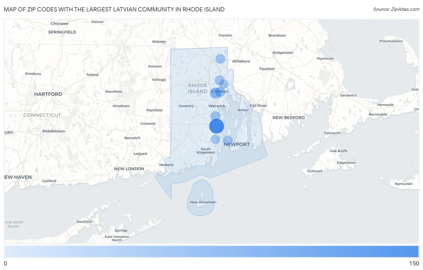 Zip Codes with the Largest Latvian Community in Rhode Island Map
