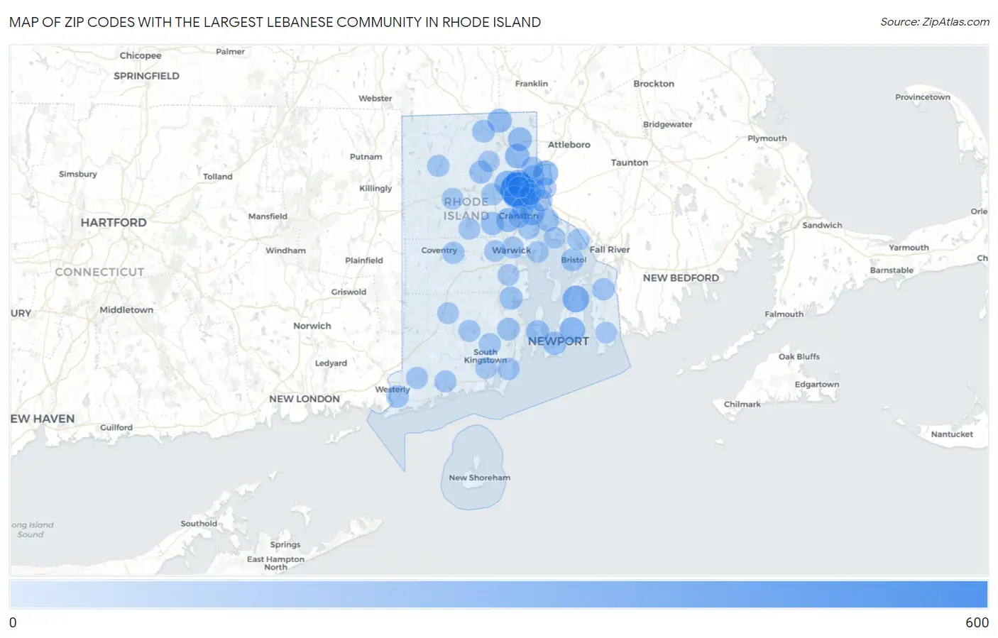 Zip Codes with the Largest Lebanese Community in Rhode Island Map