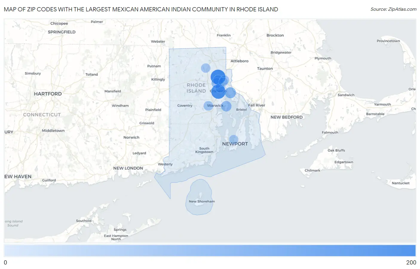 Zip Codes with the Largest Mexican American Indian Community in Rhode Island Map