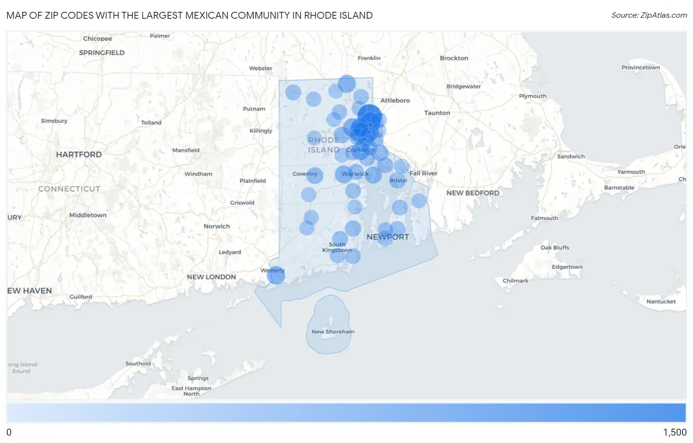 Zip Codes with the Largest Mexican Community in Rhode Island Map