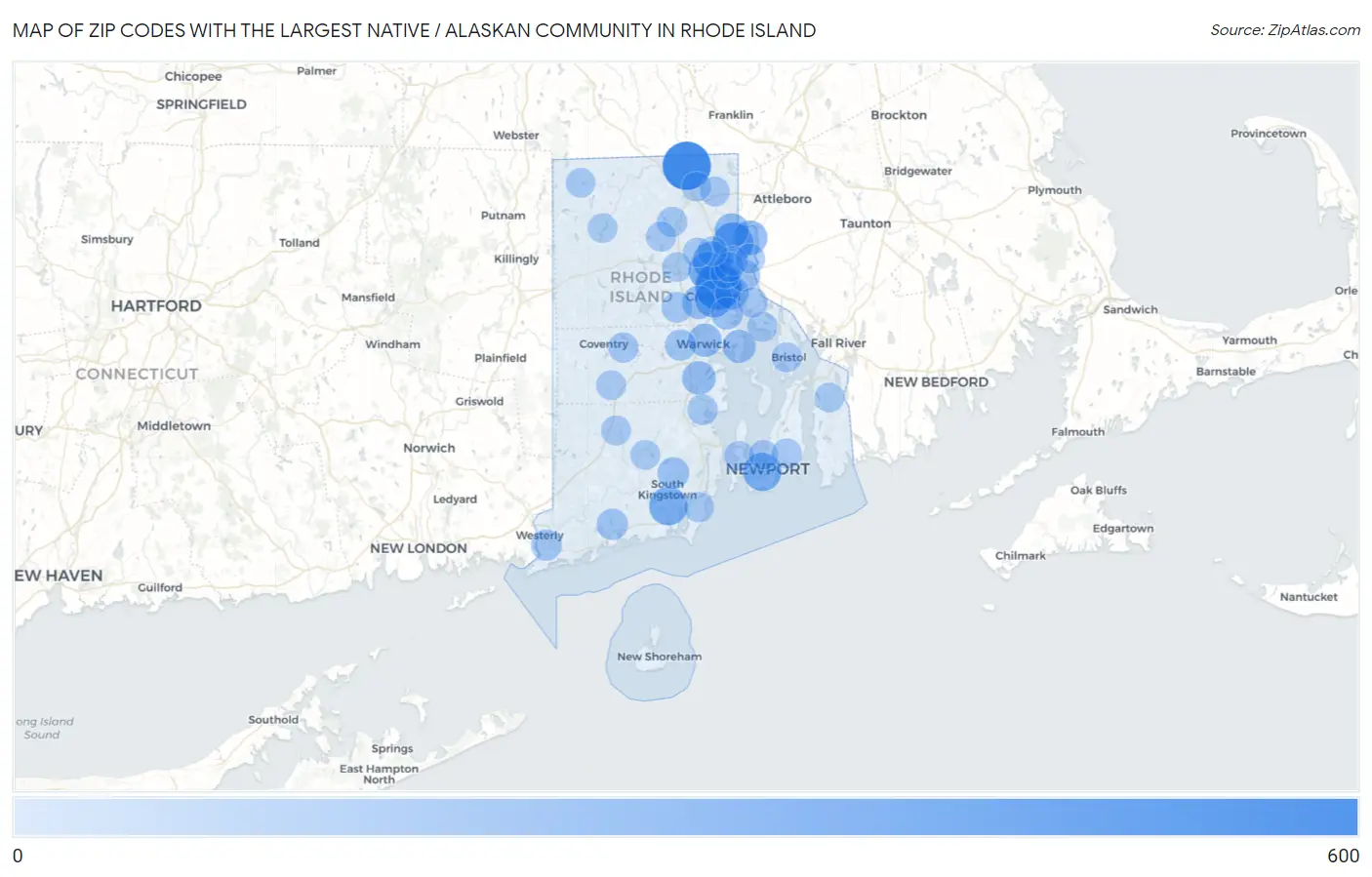 Zip Codes with the Largest Native / Alaskan Community in Rhode Island Map