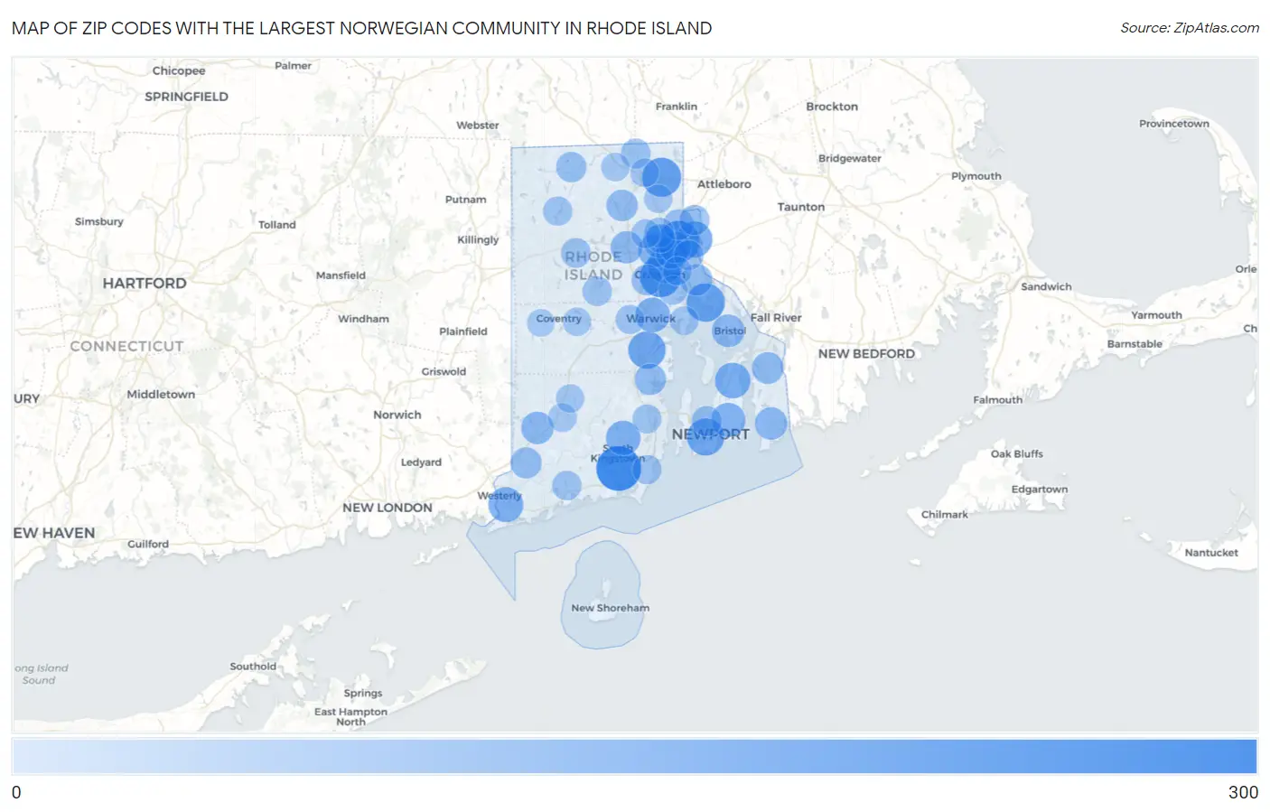 Zip Codes with the Largest Norwegian Community in Rhode Island Map