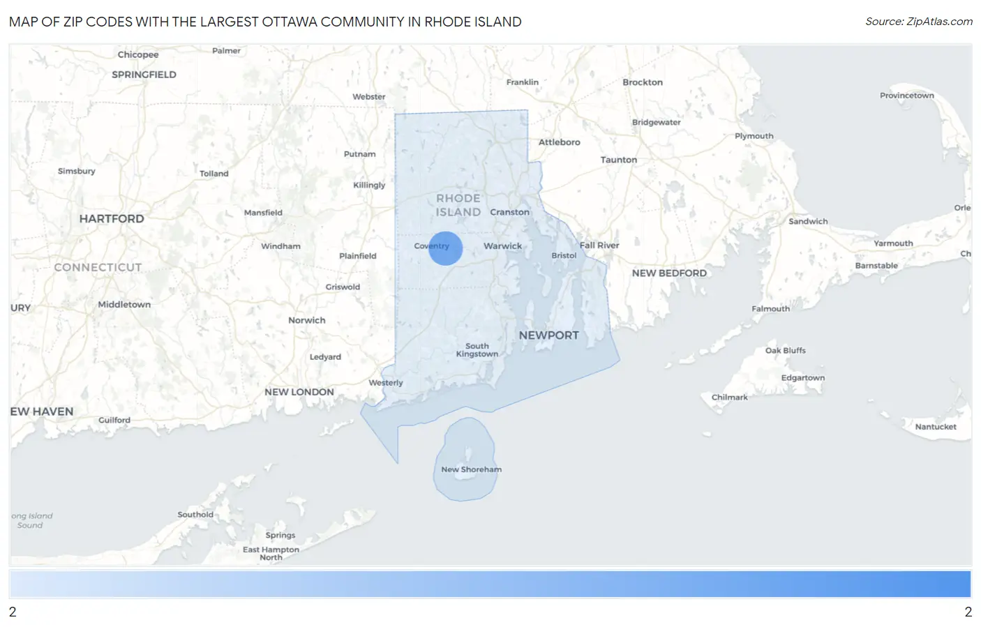 Zip Codes with the Largest Ottawa Community in Rhode Island Map