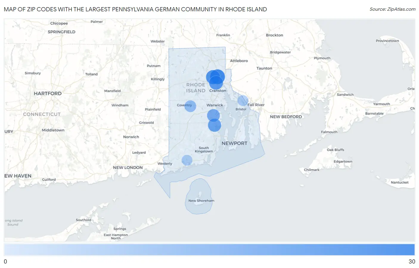 Zip Codes with the Largest Pennsylvania German Community in Rhode Island Map