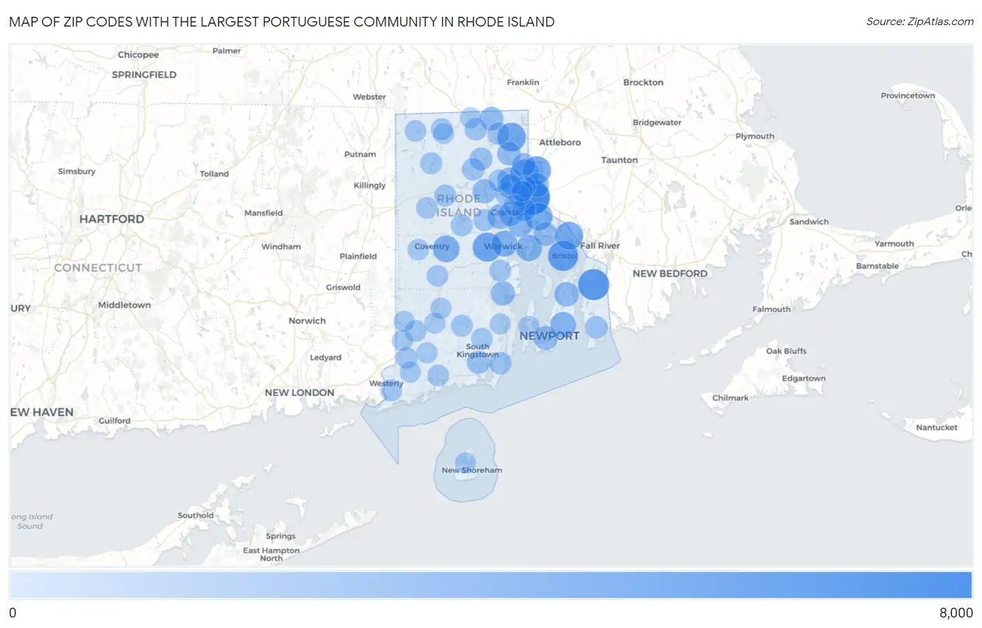 Zip Codes with the Largest Portuguese Community in Rhode Island Map