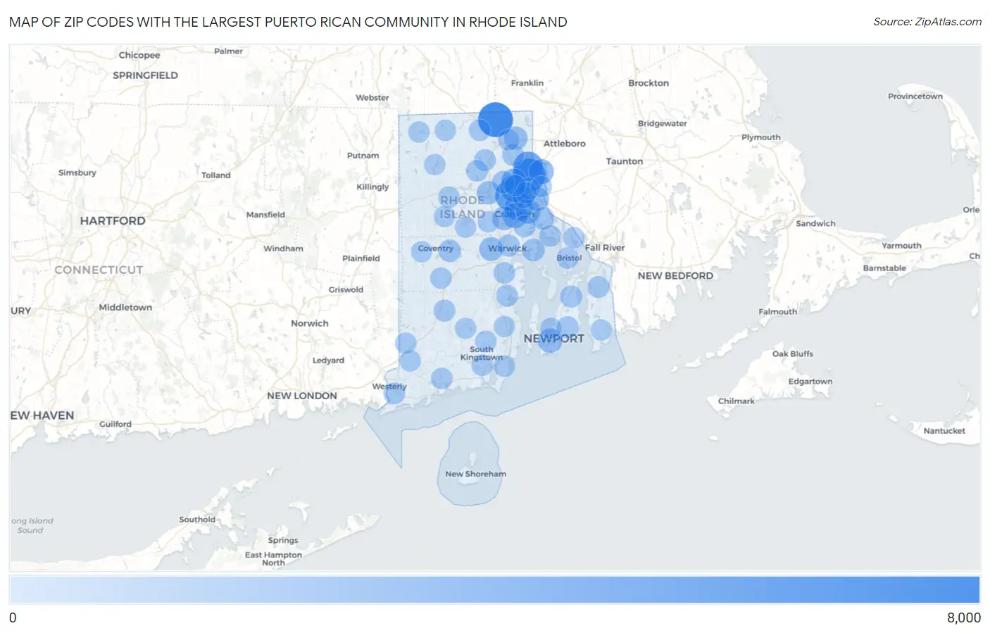 Zip Codes with the Largest Puerto Rican Community in Rhode Island Map