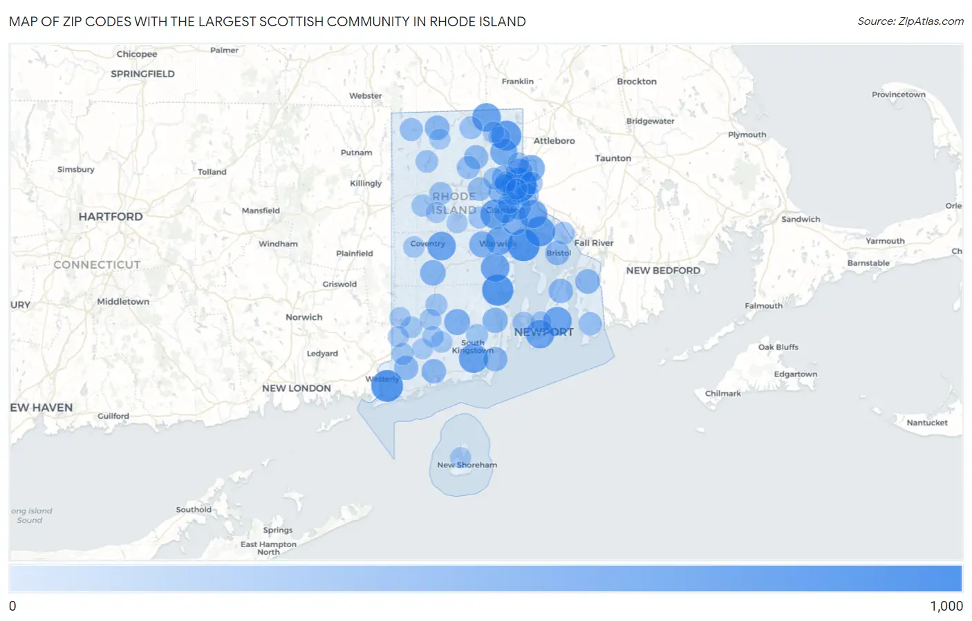 Zip Codes with the Largest Scottish Community in Rhode Island Map