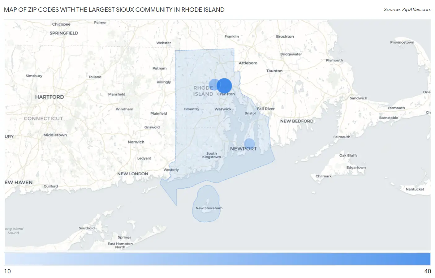Zip Codes with the Largest Sioux Community in Rhode Island Map