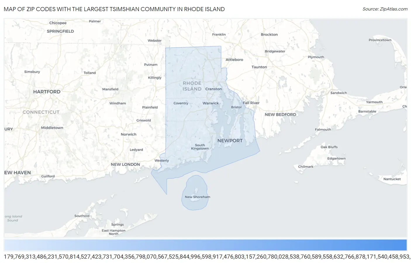 Zip Codes with the Largest Tsimshian Community in Rhode Island Map