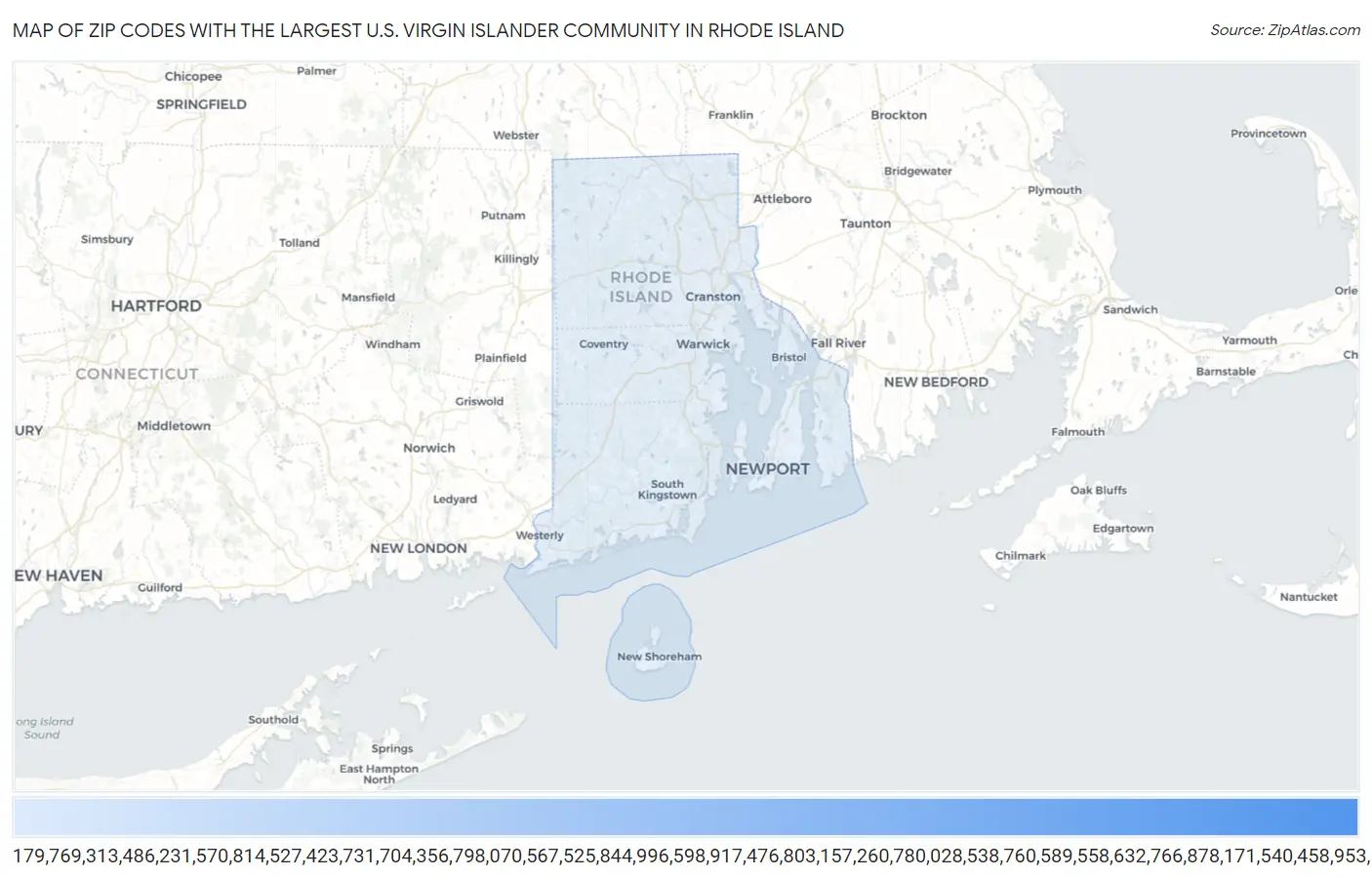 Zip Codes with the Largest U.S. Virgin Islander Community in Rhode Island Map
