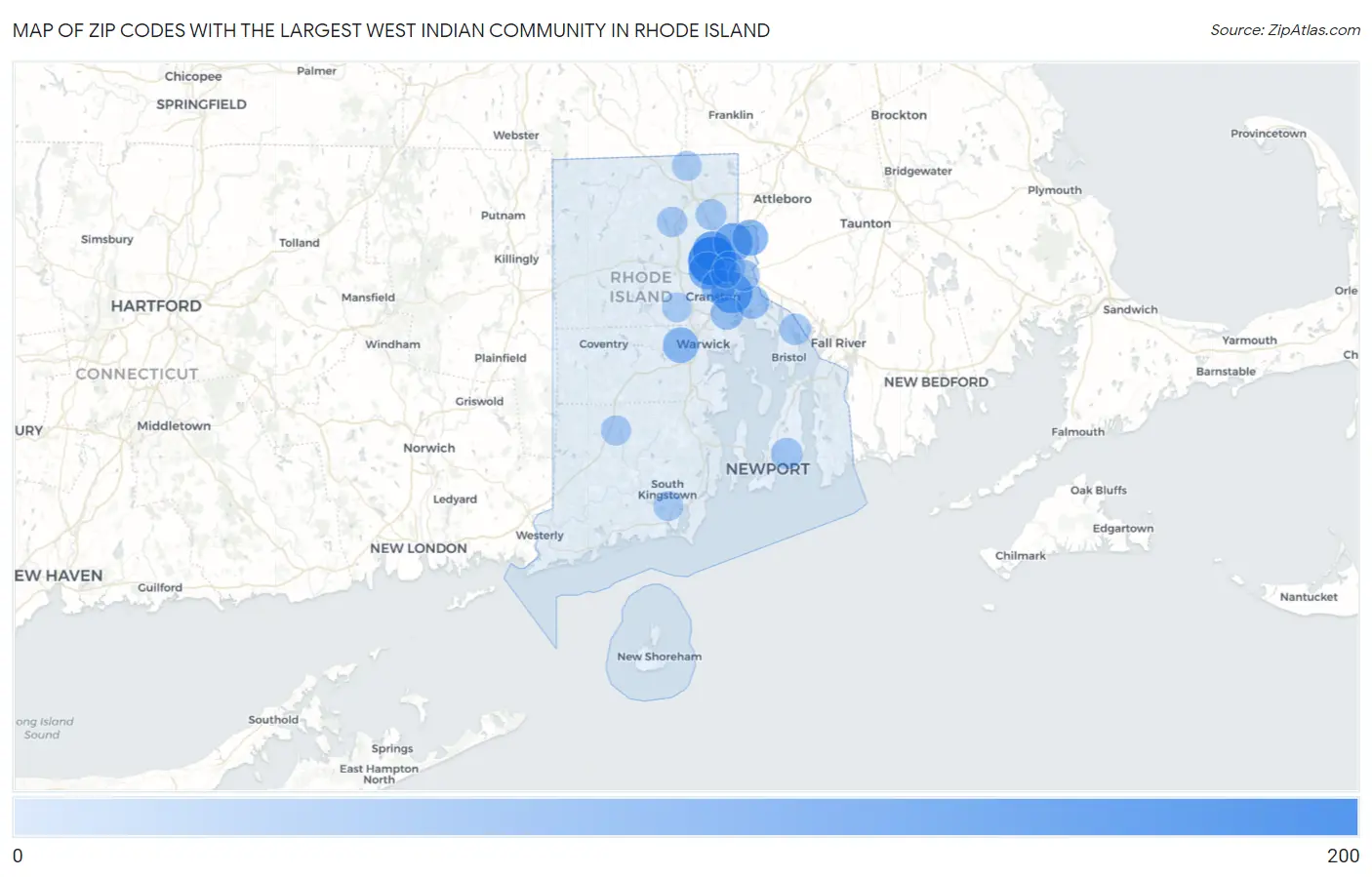 Zip Codes with the Largest West Indian Community in Rhode Island Map