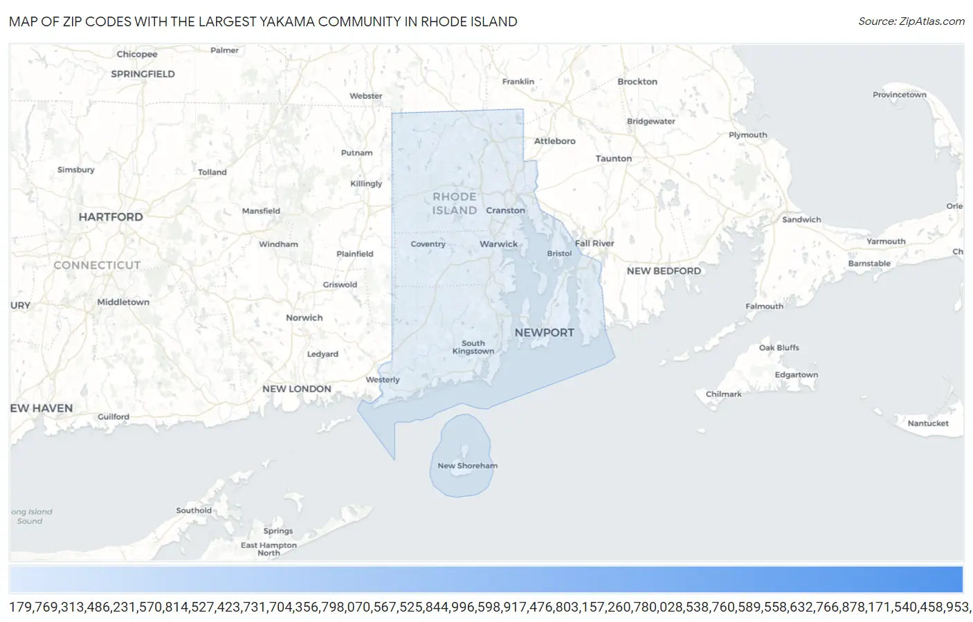 Zip Codes with the Largest Yakama Community in Rhode Island Map