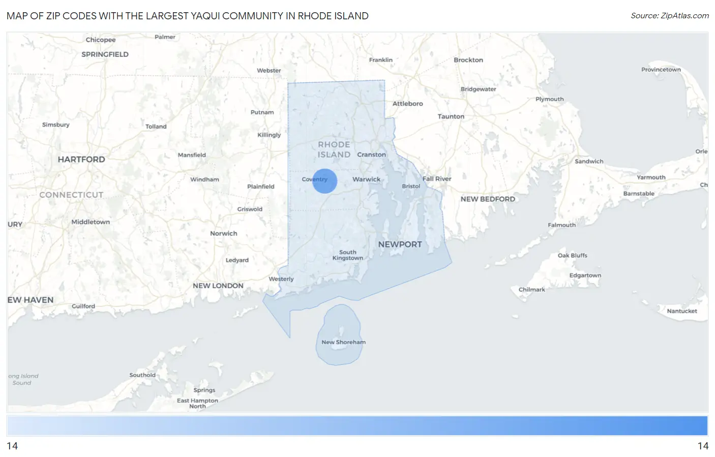 Zip Codes with the Largest Yaqui Community in Rhode Island Map