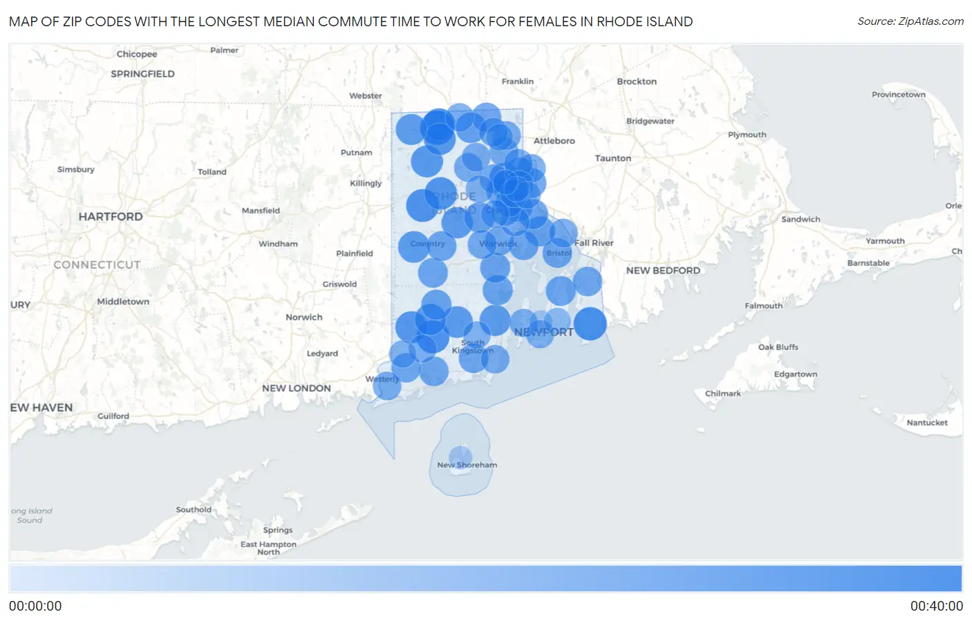 Zip Codes with the Longest Median Commute Time to Work for Females in Rhode Island Map