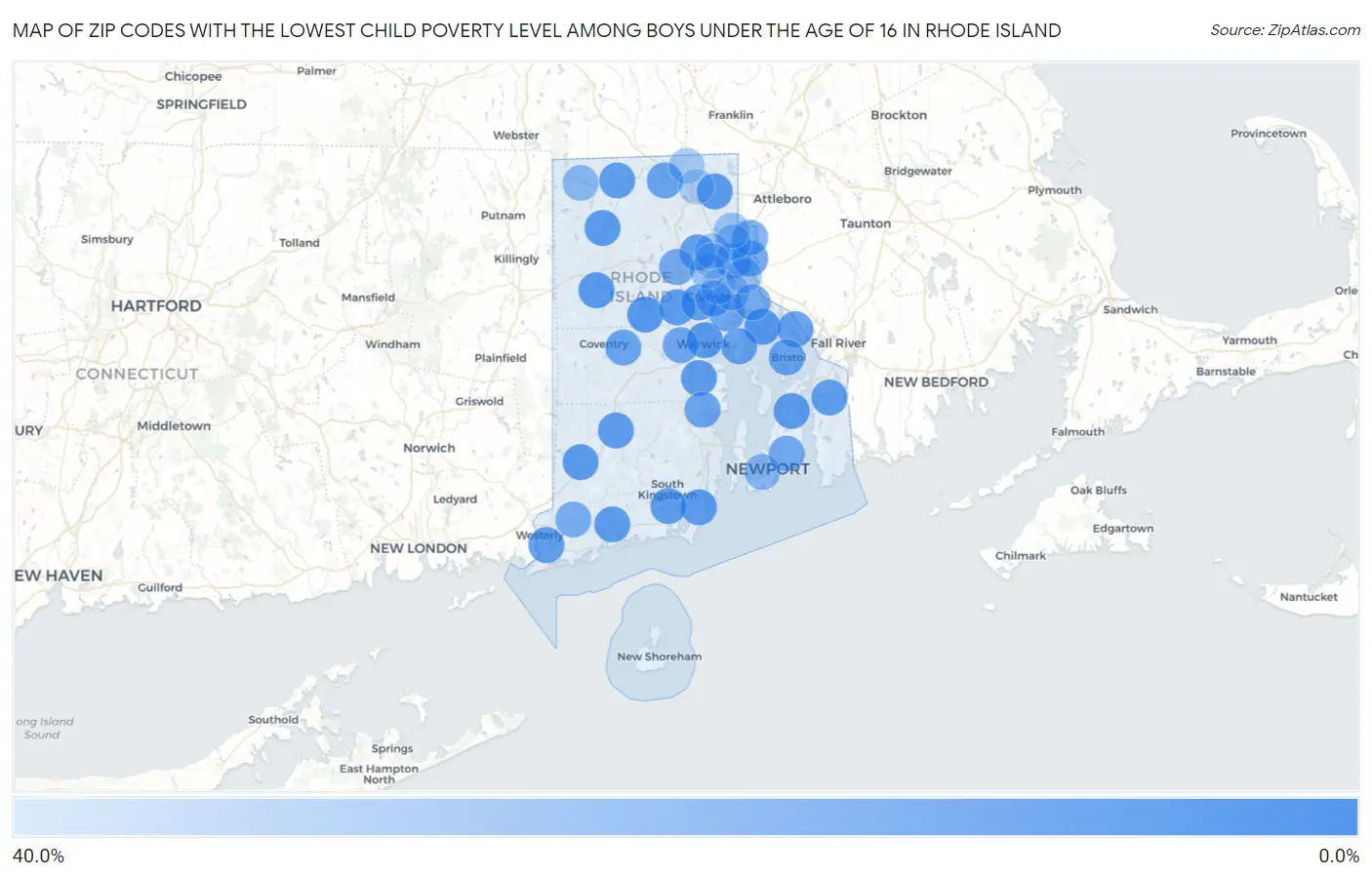 Zip Codes with the Lowest Child Poverty Level Among Boys Under the Age of 16 in Rhode Island Map
