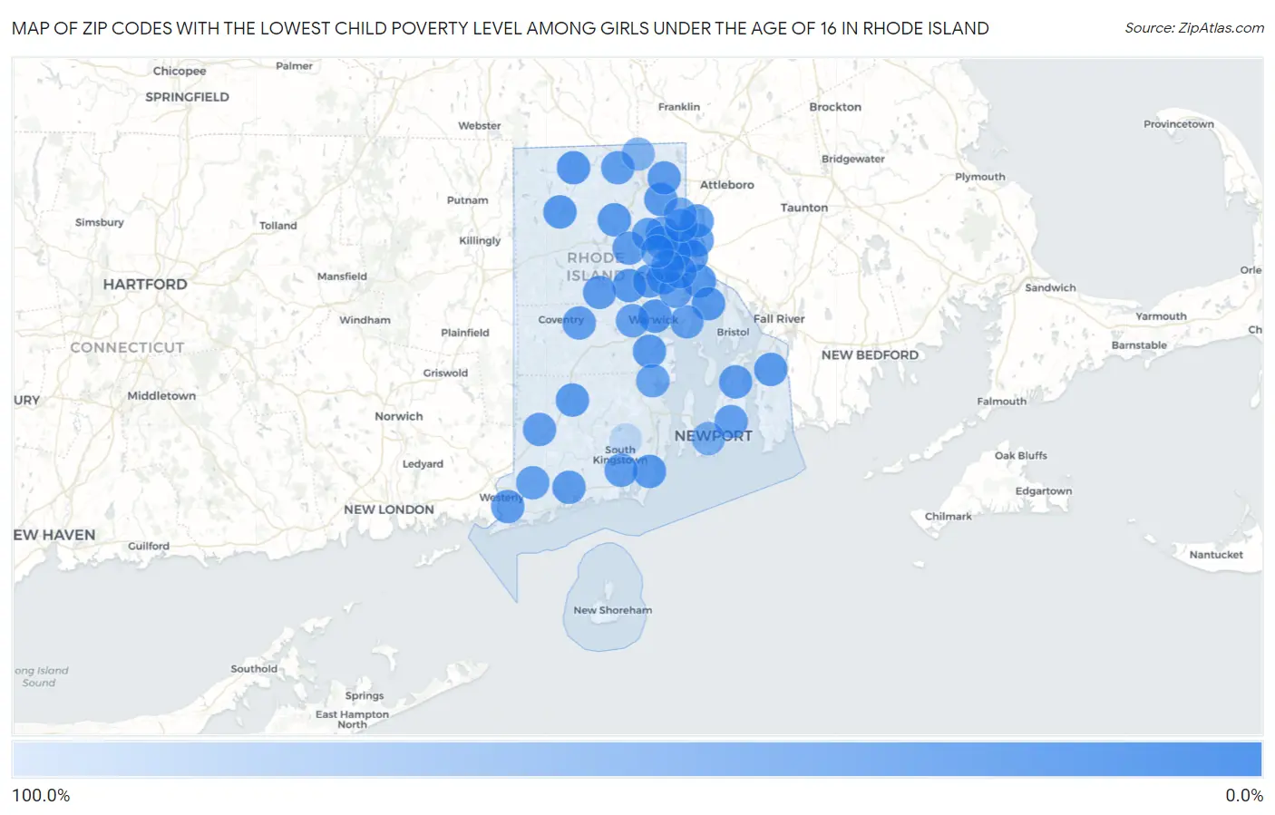 Zip Codes with the Lowest Child Poverty Level Among Girls Under the Age of 16 in Rhode Island Map