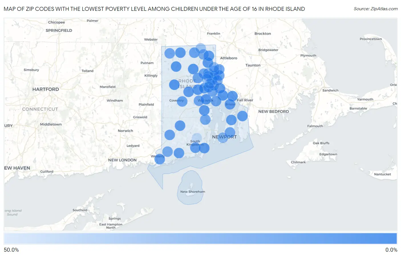 Zip Codes with the Lowest Poverty Level Among Children Under the Age of 16 in Rhode Island Map