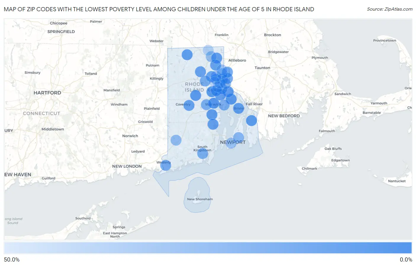 Zip Codes with the Lowest Poverty Level Among Children Under the Age of 5 in Rhode Island Map