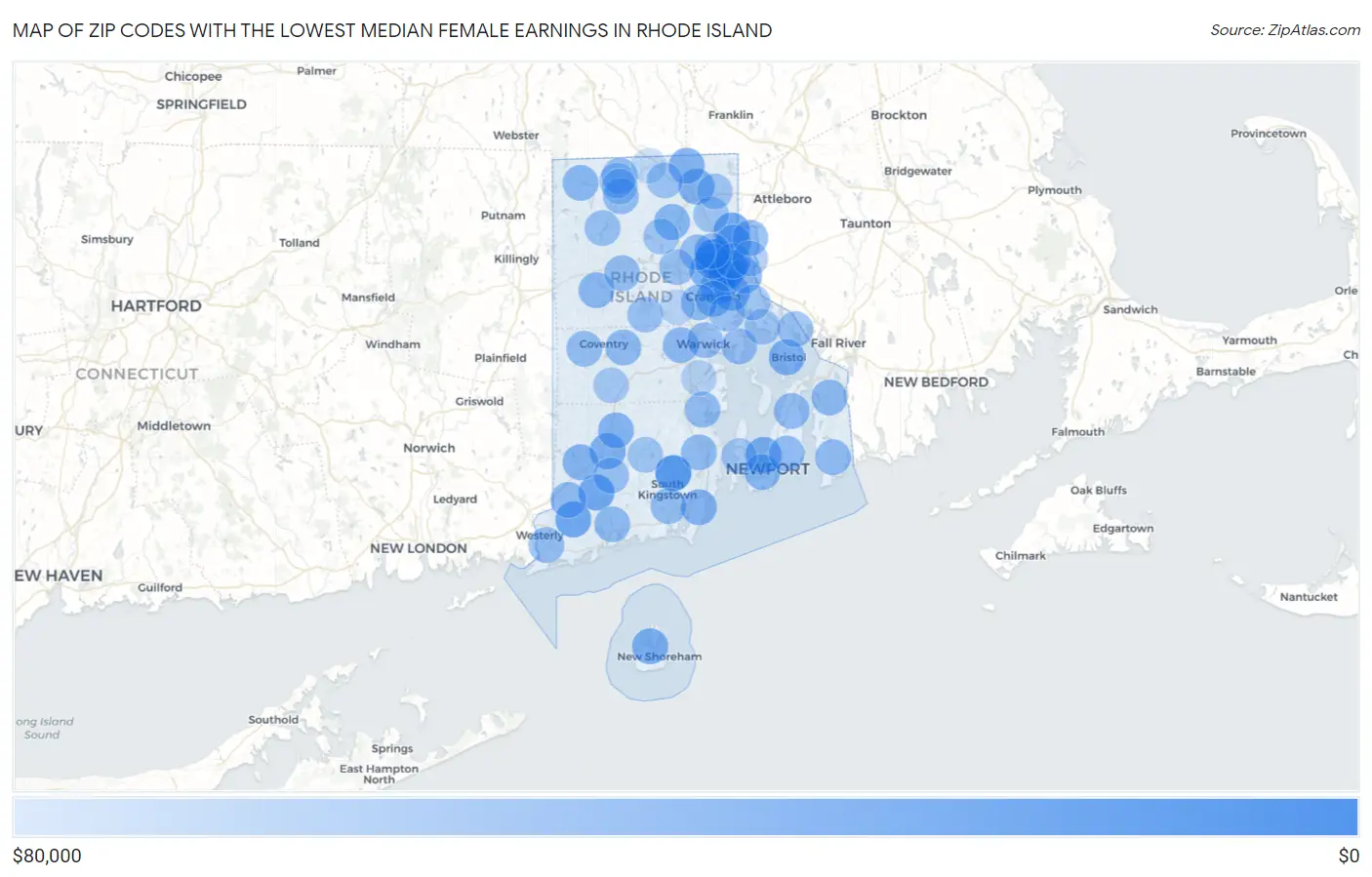 Zip Codes with the Lowest Median Female Earnings in Rhode Island Map