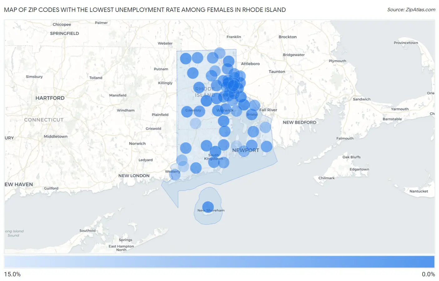 Zip Codes with the Lowest Unemployment Rate Among Females in Rhode Island Map